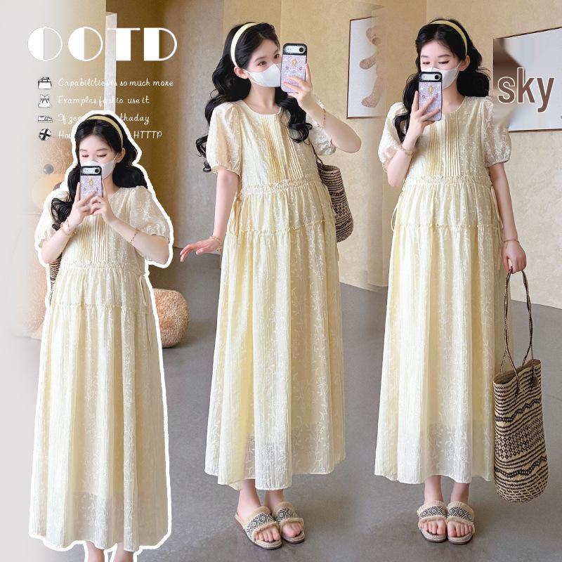 2026 Summer Maternity Dress: French Loose Square Neck, Heavy Smocking, Drawstring, Plus Size. M
