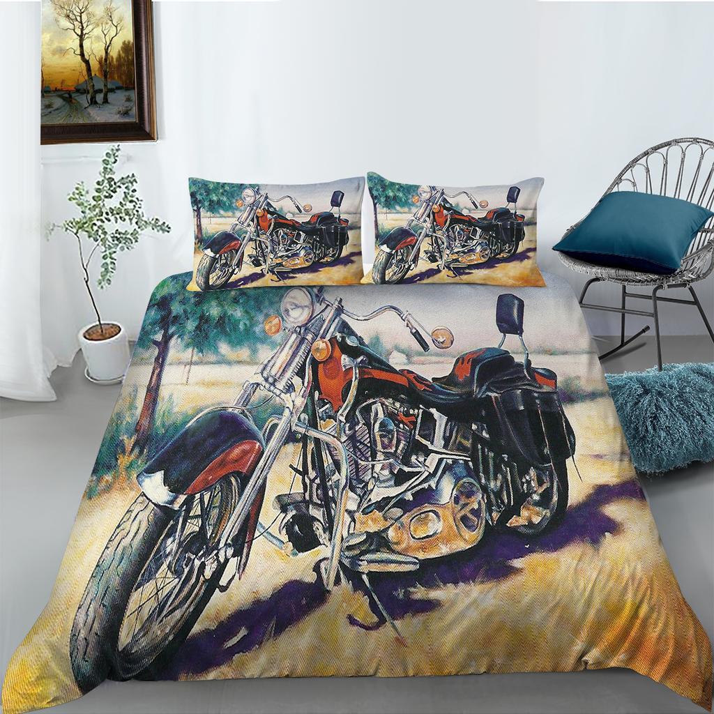 3D-Motorrad-bedrucktes Bettwäsche-Set im Industrie-Stil, Bettbezug, Kissenbezug-Set, Einzel-/Doppelbett, für Jungen und Jugendliche, cooler Bezug