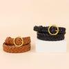 Mei Mary Handmade Braided Leather Belt - Top Grain Cowhide Vintage Double-sided Prong Buckle - Gold-plated Fashion Round Buckle Women's Belt