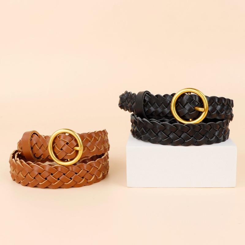 Mei Mary Handmade Braided Leather Belt - Top Grain Cowhide Vintage Double-sided Prong Buckle - Gold-plated Fashion Round Buckle Women's Belt