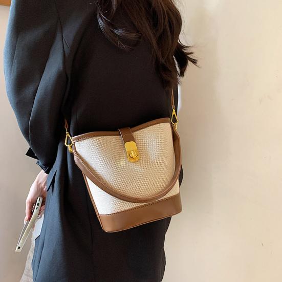 Women Messenger Bag Faux Leather Shoulder Bag with Top Handle Adjustable Strap Splicing Bucket Bag Crossbody Handbag for Daily Use Party Date