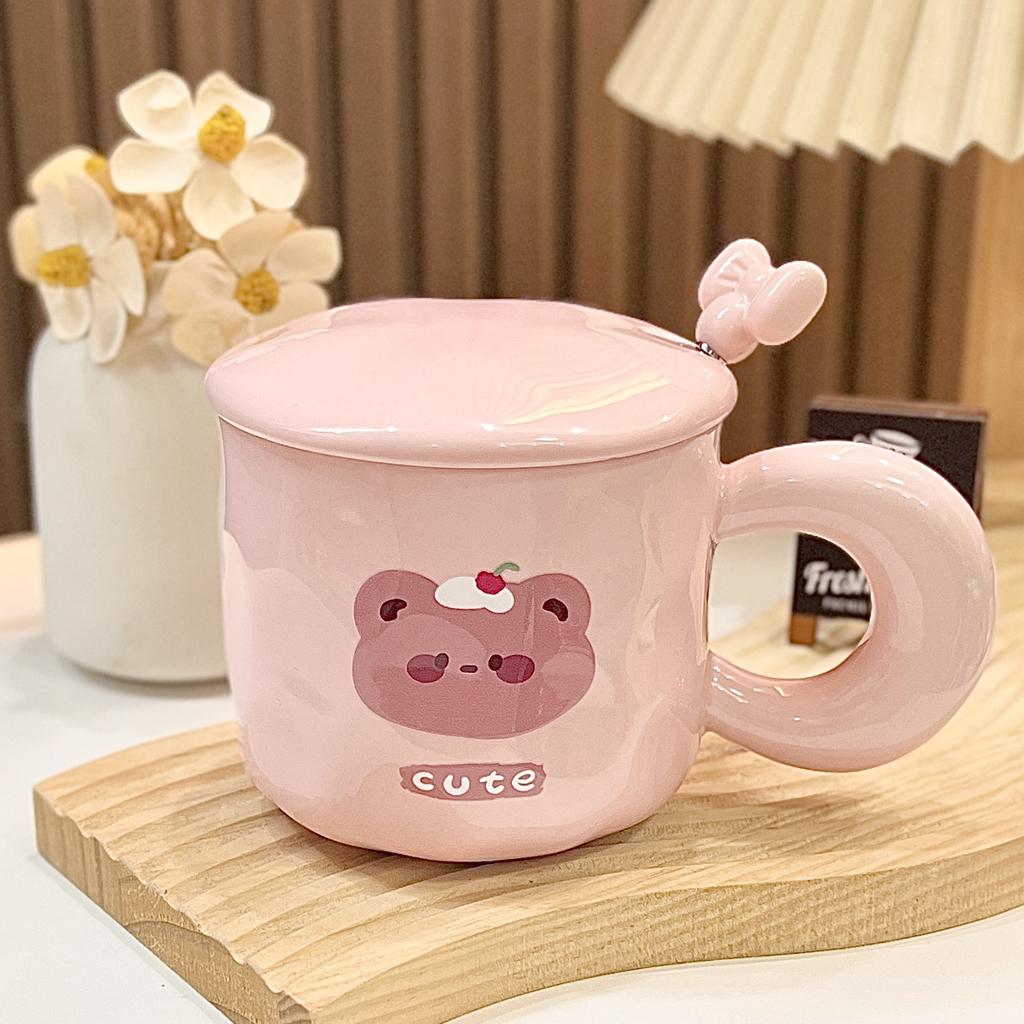 Household New Ceramic Cup Sets Gift Box Women 400ml Cute Cartoon Bear Handle Tea Mugs with Scoop and Lid Creative Cup to Friends