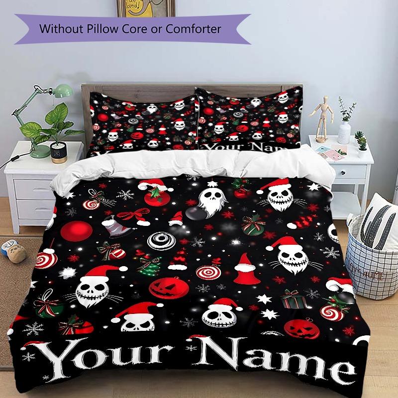 Spooky Christmas Skull Print Bedding Set Personalized Washable Custom 3Pcs Duvet Cover Pillowcases Soft Microfiber Home Bedroom Gift