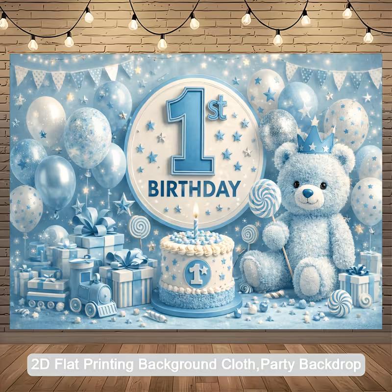 2D Light Blue Teddy Bear 1st Birthday Party Backdrop, Baby Boy First Birthday Background Decoration 47.2x31.5inch/120*80cm