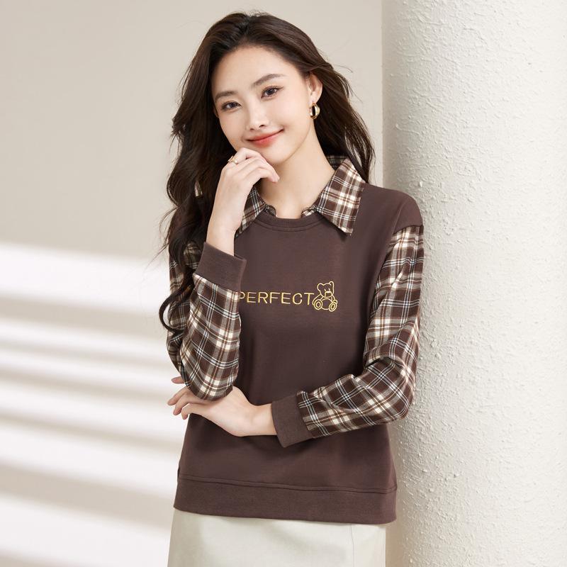 Women's Spring New Fashion Check Fake Two High Grade Loose Long Sleeved Top