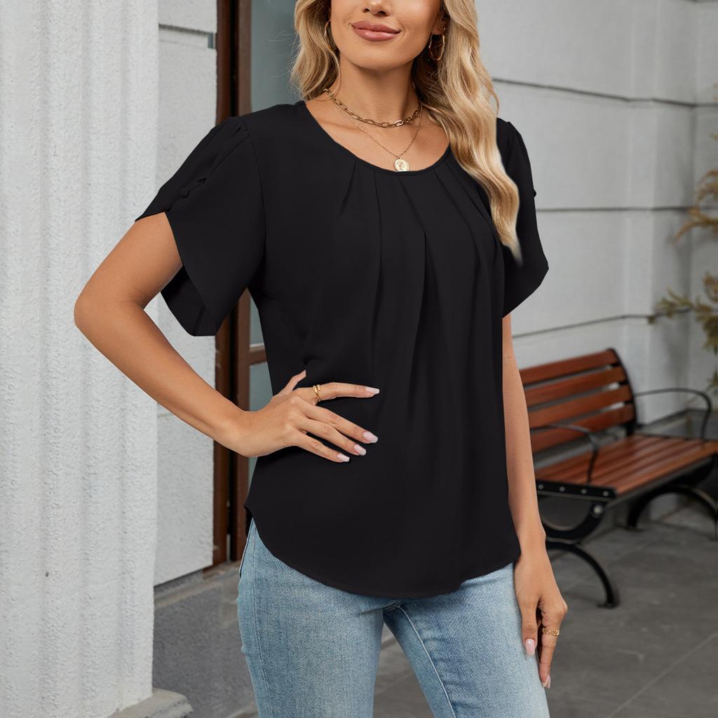 Dammode Färg Rundhalsad Kortärmad Lös Chiffongtröja Pullover Topp