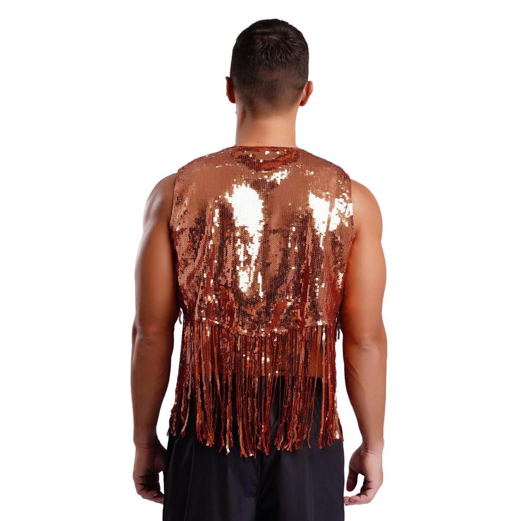 Men Sparkly Sequin Cowboy Vest Open Front Tassel Rivets Shiny Western Waistcoat for 70s Disco Club Parties