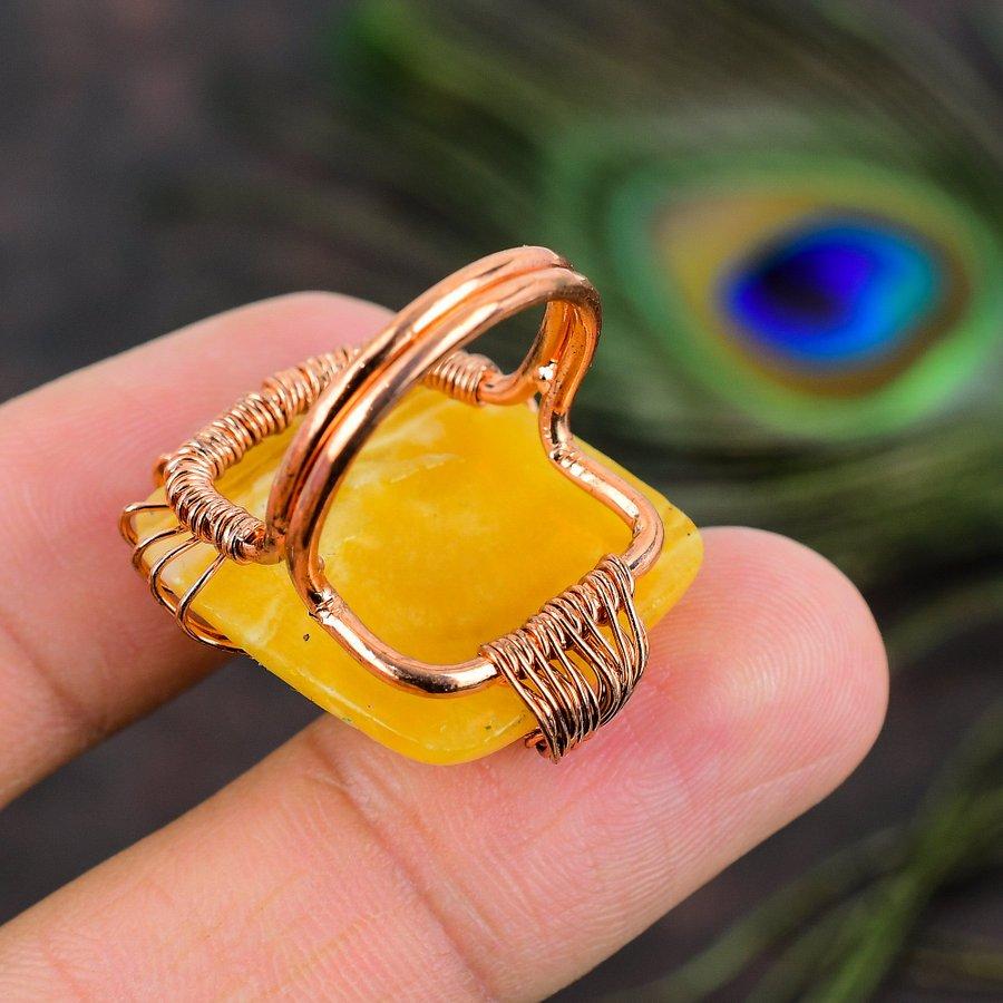 Natural Yellow Fluorite Gemstone Handmade Copper Wire Wrap Ring Size 5.5 R8z16
