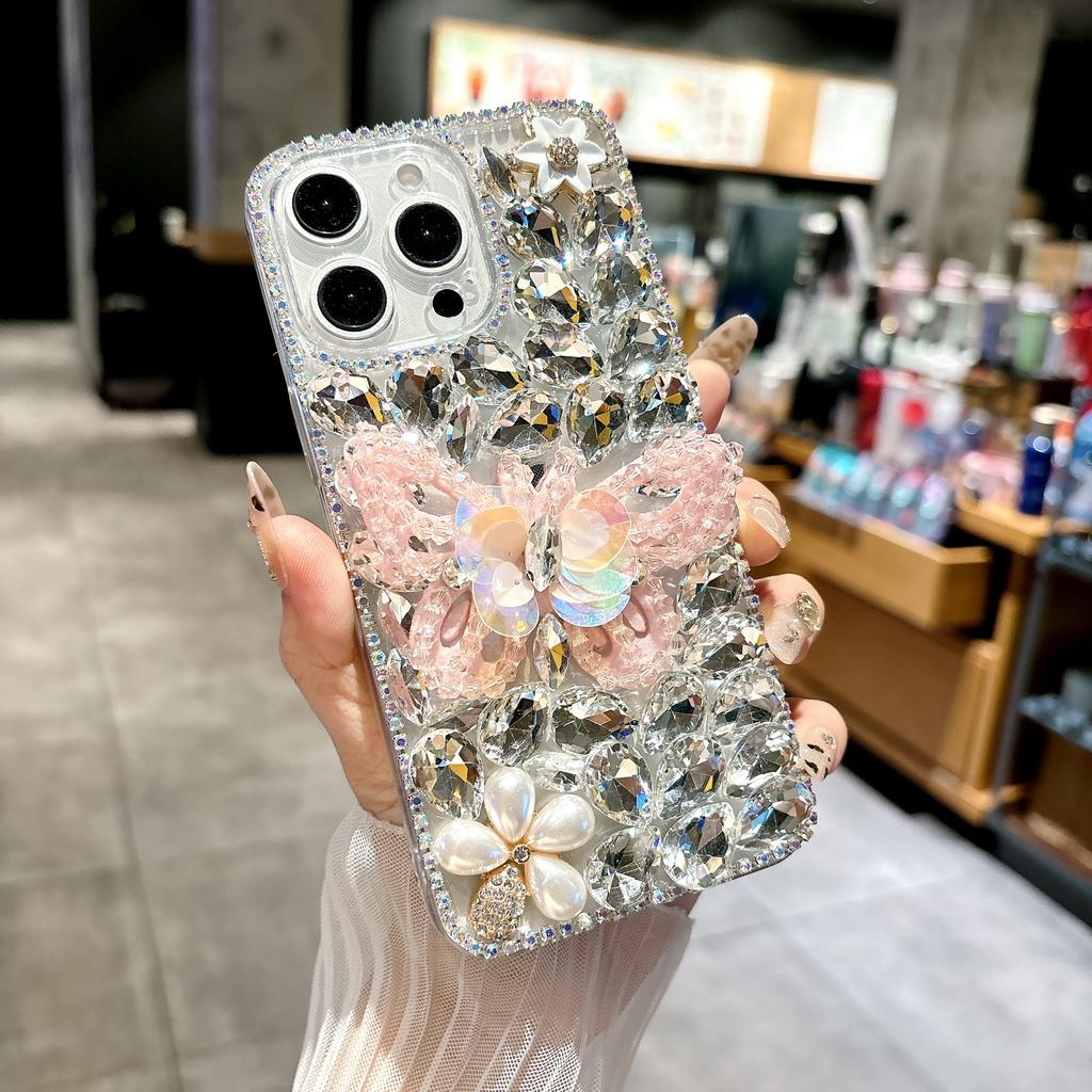 For iPhone 15 Pro Case Glass Rhinestone Decor Butterfly Pattern TPU Phone Back Cover