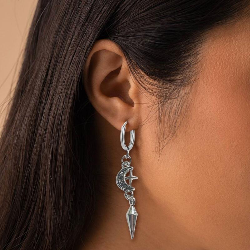 Gothic Spikes Earrings with Moon and Star Pendant Comfortable Ear Hoops Stylish Punk Accessories for Women Man