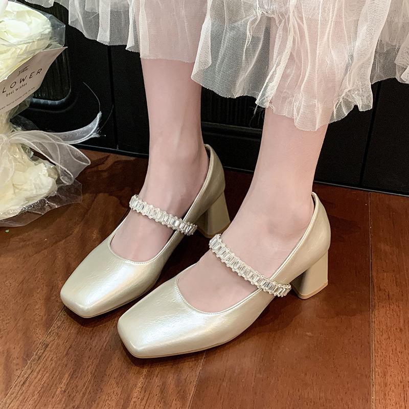2025 Autumn New Fairy Style with Skirt Temperament Square Head Low Heel Single Shoes French Rhinestone Thick Heel Mary Jane Shoes Women