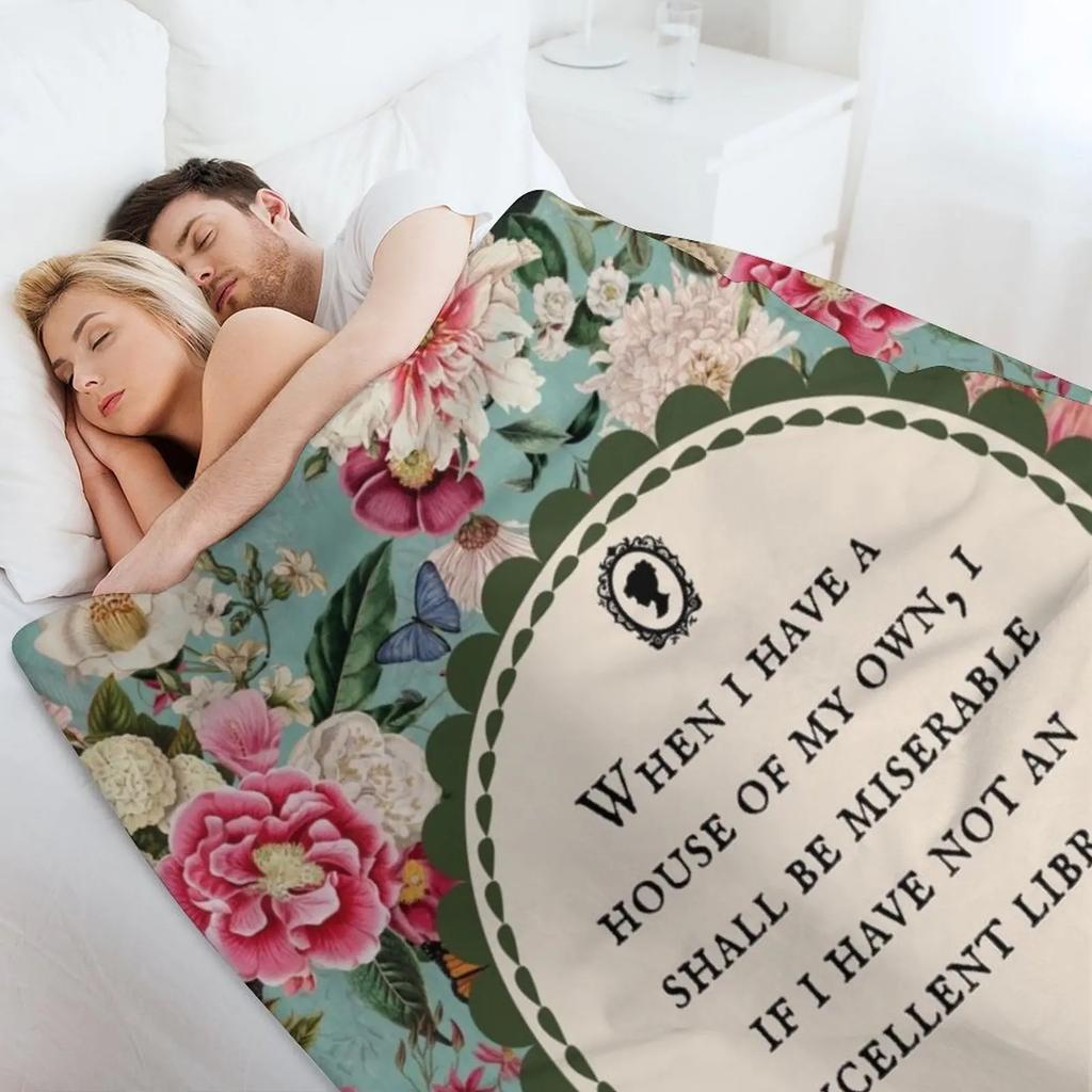 Cytat z Biblioteki Jane Austen, Literacki, Książkowy, Miłośnik Książek, Koc Dekoracyjny w Stylu Vintage z Kwiatami, Gigantyczny Koc na Kanapę, Koc Jednoosobowy