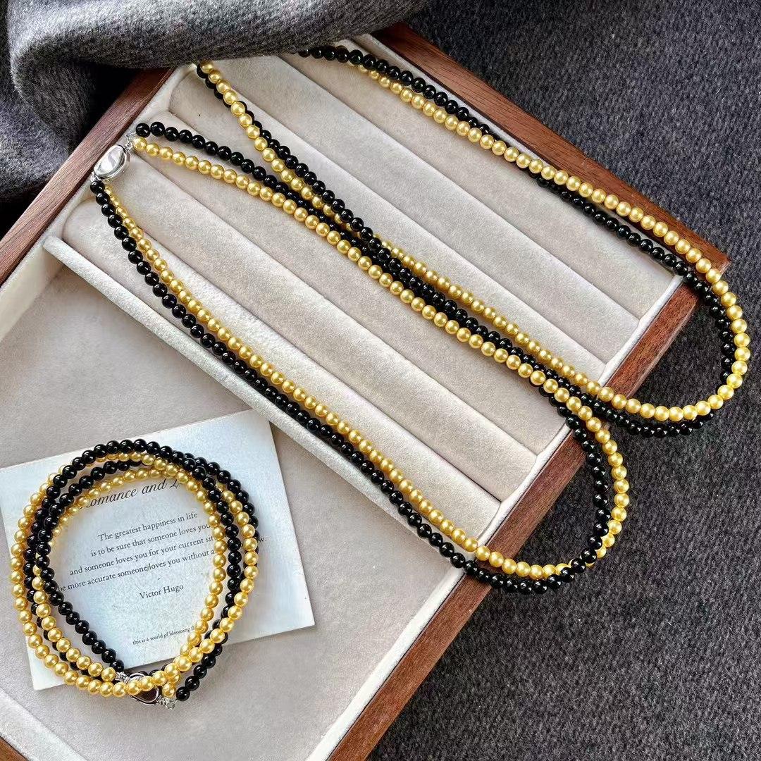 

Vintage Design Sense Natural Black Agate Artificial Crystal Pearl Double Layer Design Sense Contrasting Color Necklace Collarbone