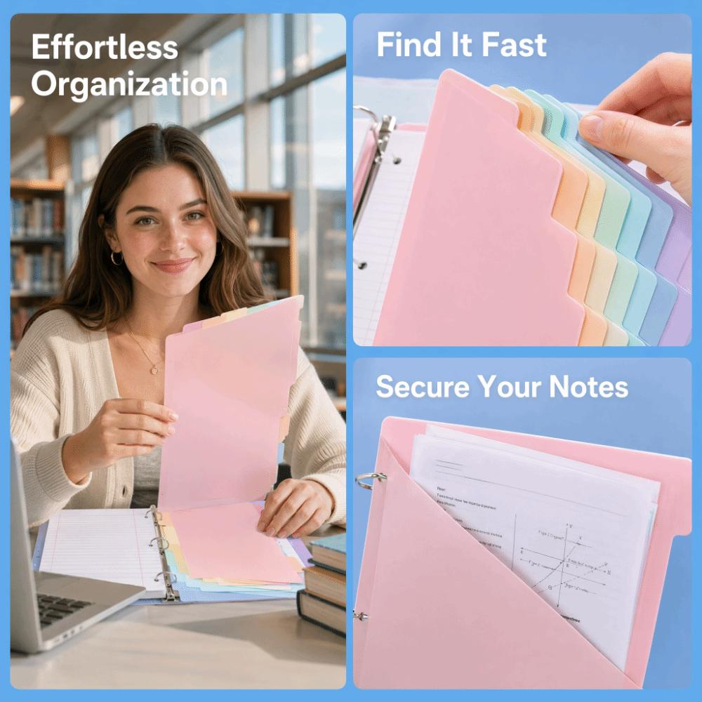 Pastel Colors Loose Leaf File Organizers Durable Tab Dividers Clear Binder Dividers for Office