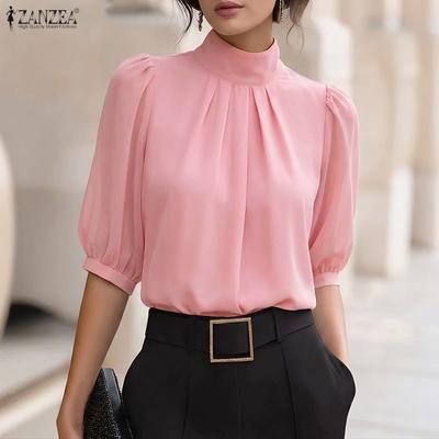 Women Elegant Mock Neck Puff Sleeve Pleated Office Style Blouse Shirts