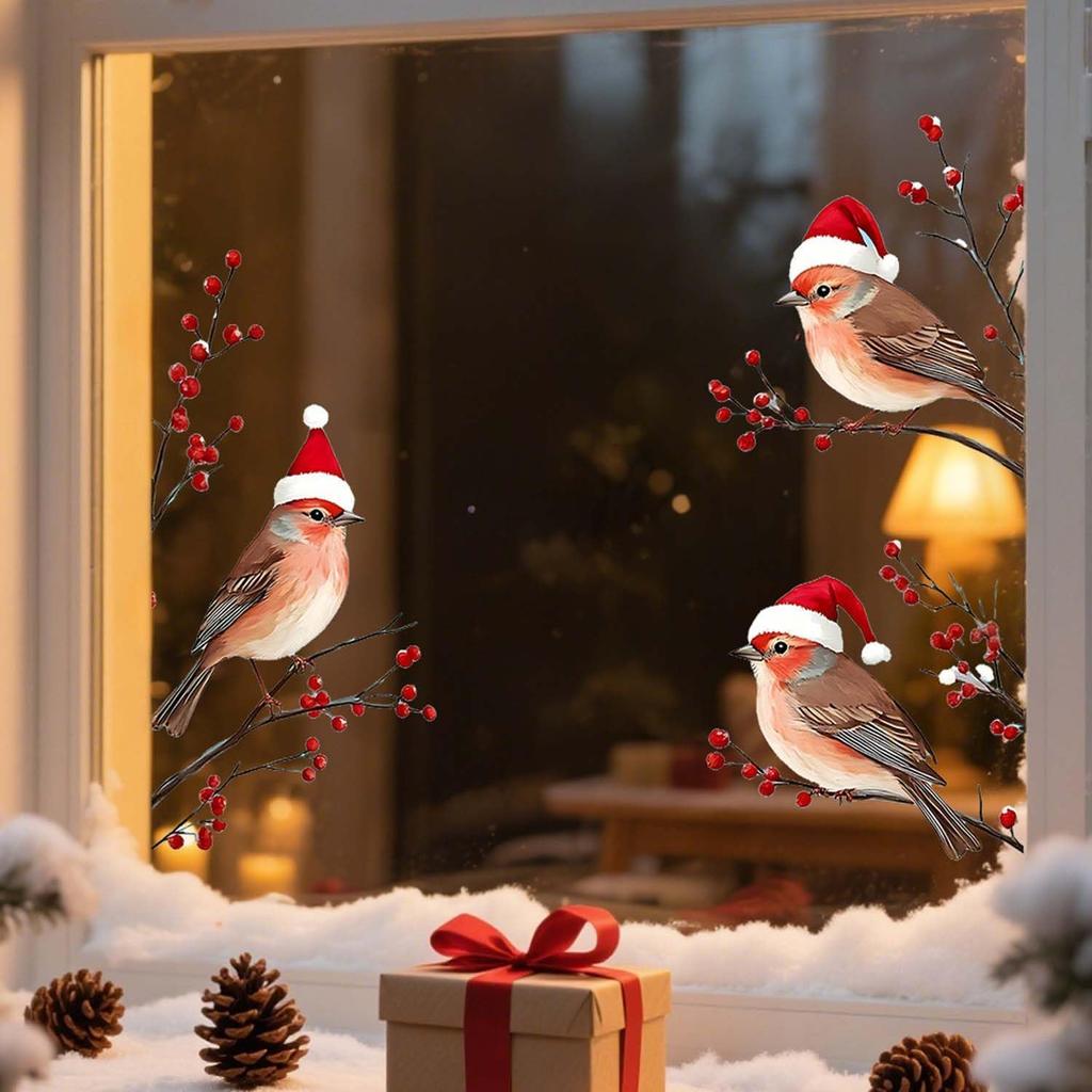 Christams 3 Birds in Red Santa Hat Window Clings, Xmas Theme Flower Birds Design Glasses Decorations, 11.8 * 10.6Inches Size Chritsmas Window