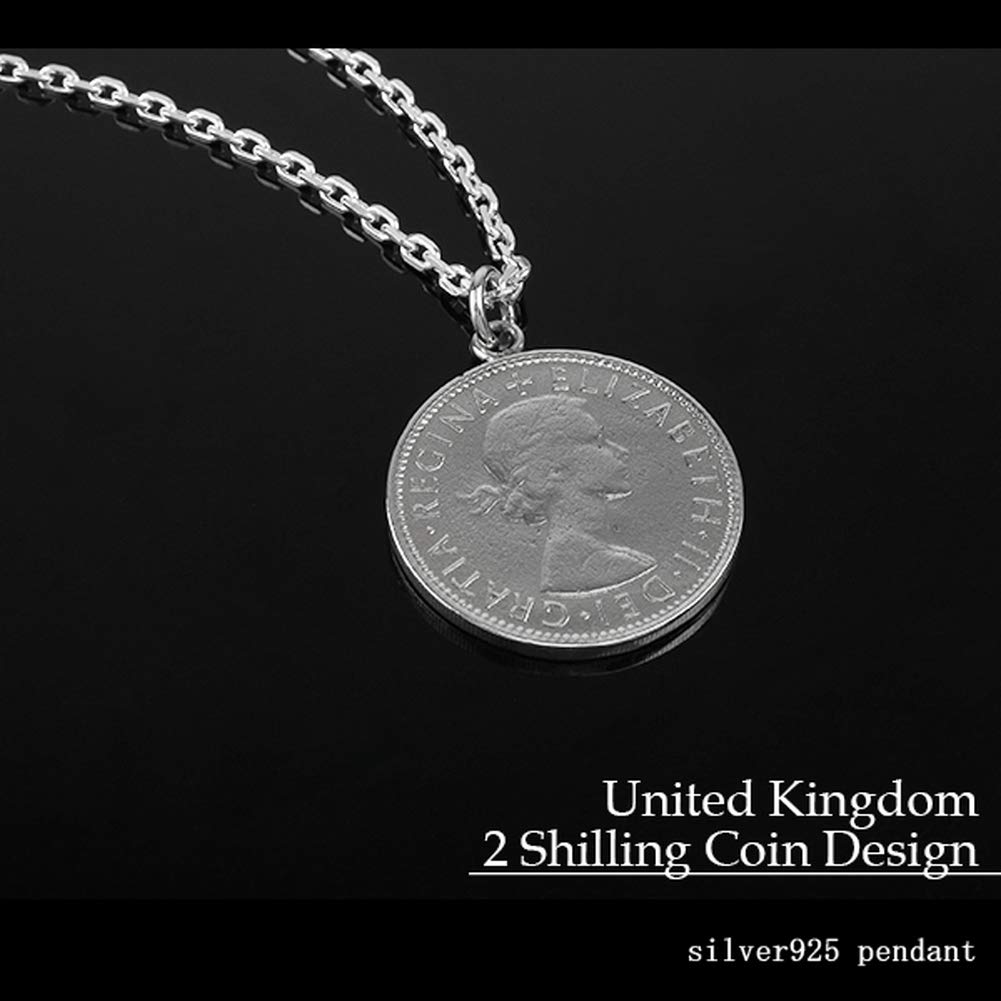 Shinjuku Gin no Kura Florin Coin Silver 925 Necklace 2 Shillings Coin Elizabeth II Pendant British Silver Coin Simple (with Chain)