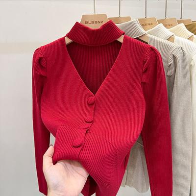 Gestrickte Cardigan-Bluse mit ausgehöhlten Blasenärmeln, modisches Hemdoberteil mit roter Unterseite für Damen
