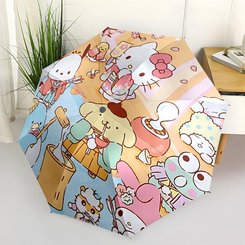 1pc Hello Kitty & Friends Japanese Kimono Print Automatic Opening Folding Umbrella with 8-Bone Iron Frame - Portable Design for Outdoor Use, Festive G