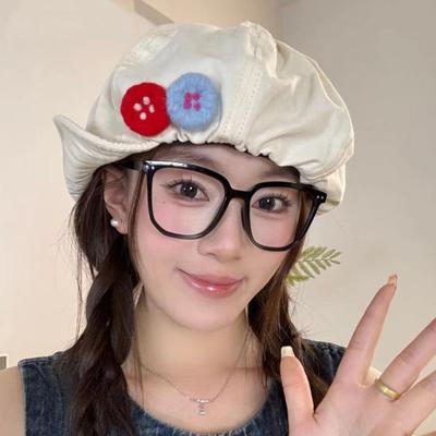 One Hat, Five Wearing Retro Cotton And Linen Star Anise Cloud Hat, Summer Women'S Color Button Forward Hat, Showing Face, Small Beret