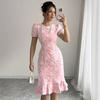 2026 summer new French blue floral bubble sleeves waist and thin temperament dress