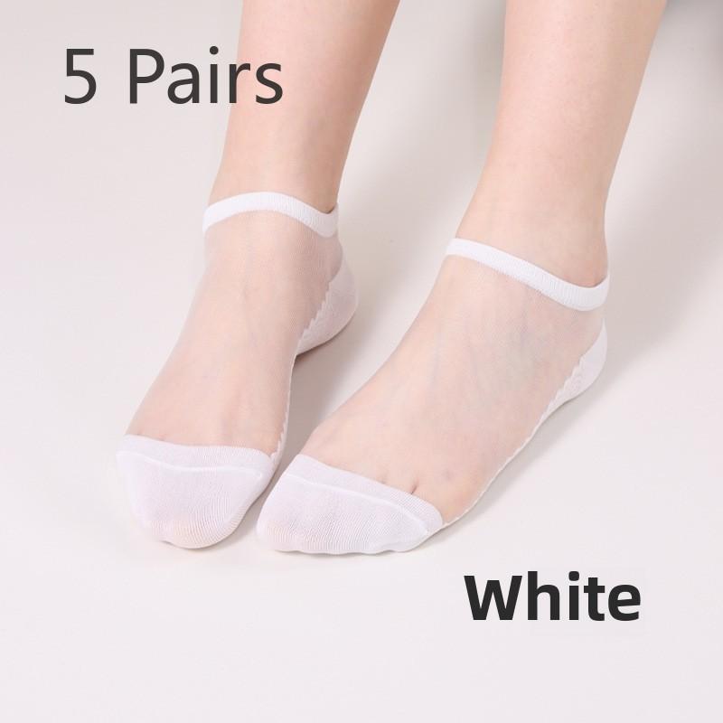 

5 пар женских носков на весну и лето, носки из кристального шелка, женские невидимые носки-лодочки из кристального шелка, повседневные носки, носки 5 Pairs белый