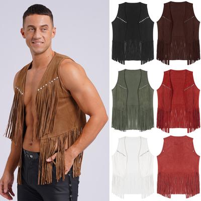 Herren Western Cowboy Vintage Faux Wildleder Quaste Weste Tops Offene Vorderseite Nieten Fransen Weste Jacke Festival Rave Party Clubwear