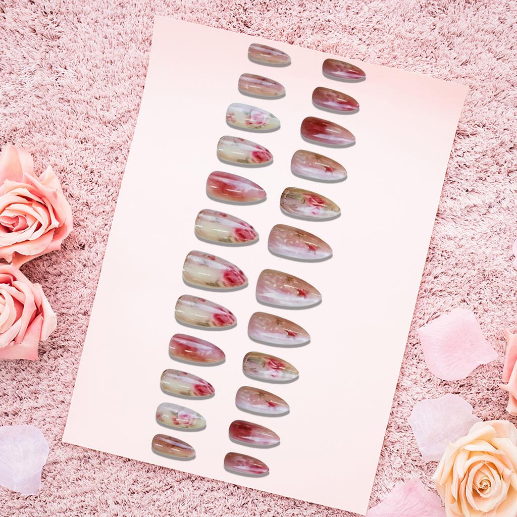 24Pcs Almond False Nails Rose Ombre False Nails Press On Nails Artificial Nail Tips For Women Daily Wear Wearable False Nails