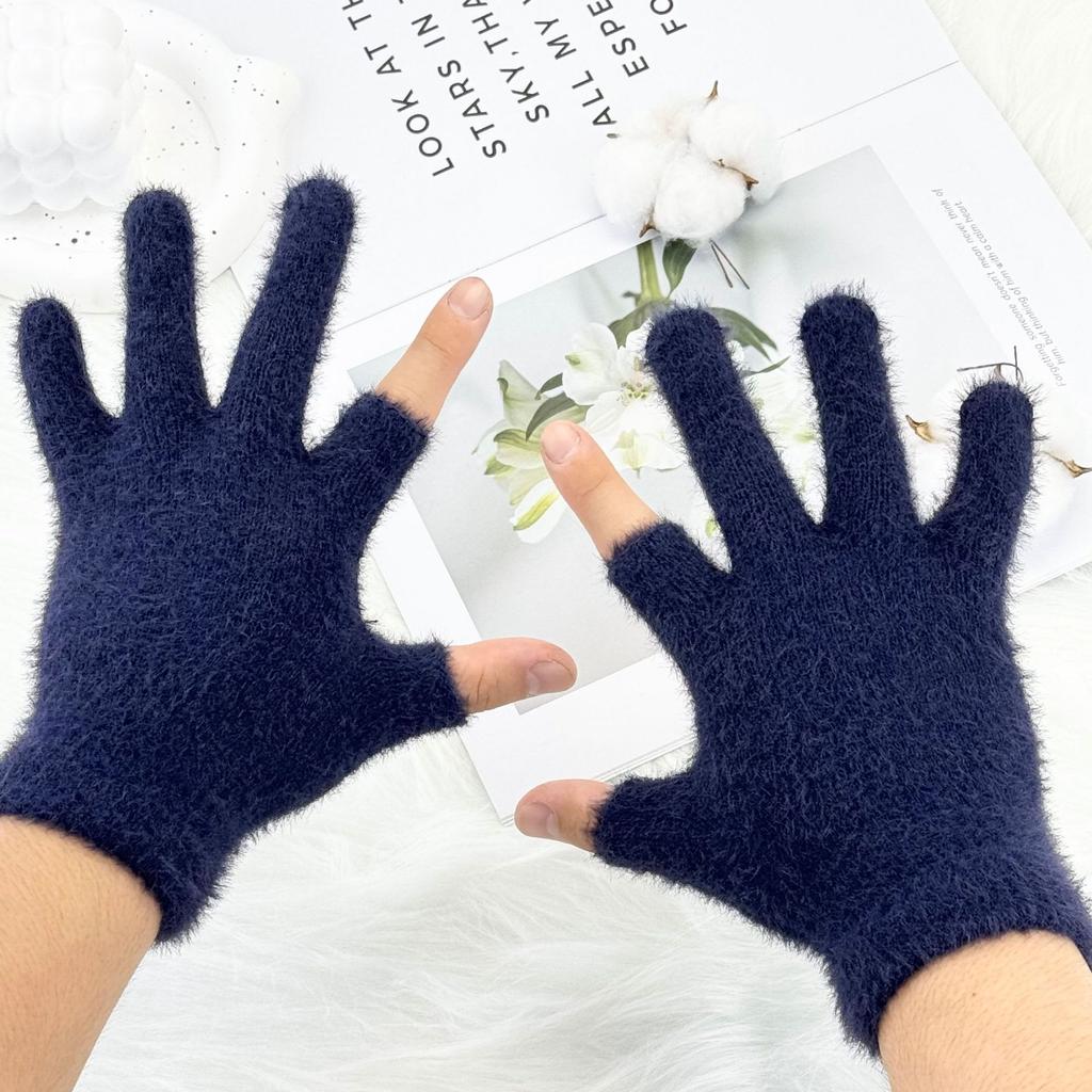Two-half Finger Imitation Mink Gloves Autumn and Winter Student Writing Cycling Women's Finger Gloves Solid Color Commuting Warm Gloves