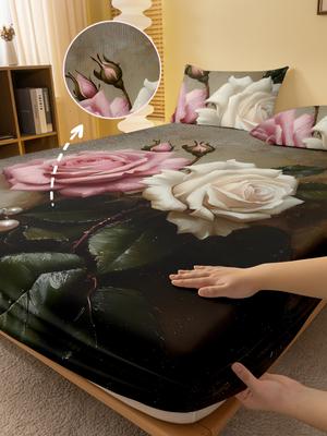 1 Simple Modern Plant Flower Rose Digital Printed Frosted Fitted Sheet,bedroom Printed Bed cover,bedding(No Pillowcase)