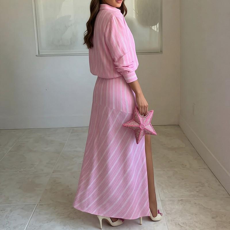 2026 Womens Elegant Striped Collar Shirt Split Hem Maxi Skirt Set - Lightweight Comfortable Office Casual Ensemble