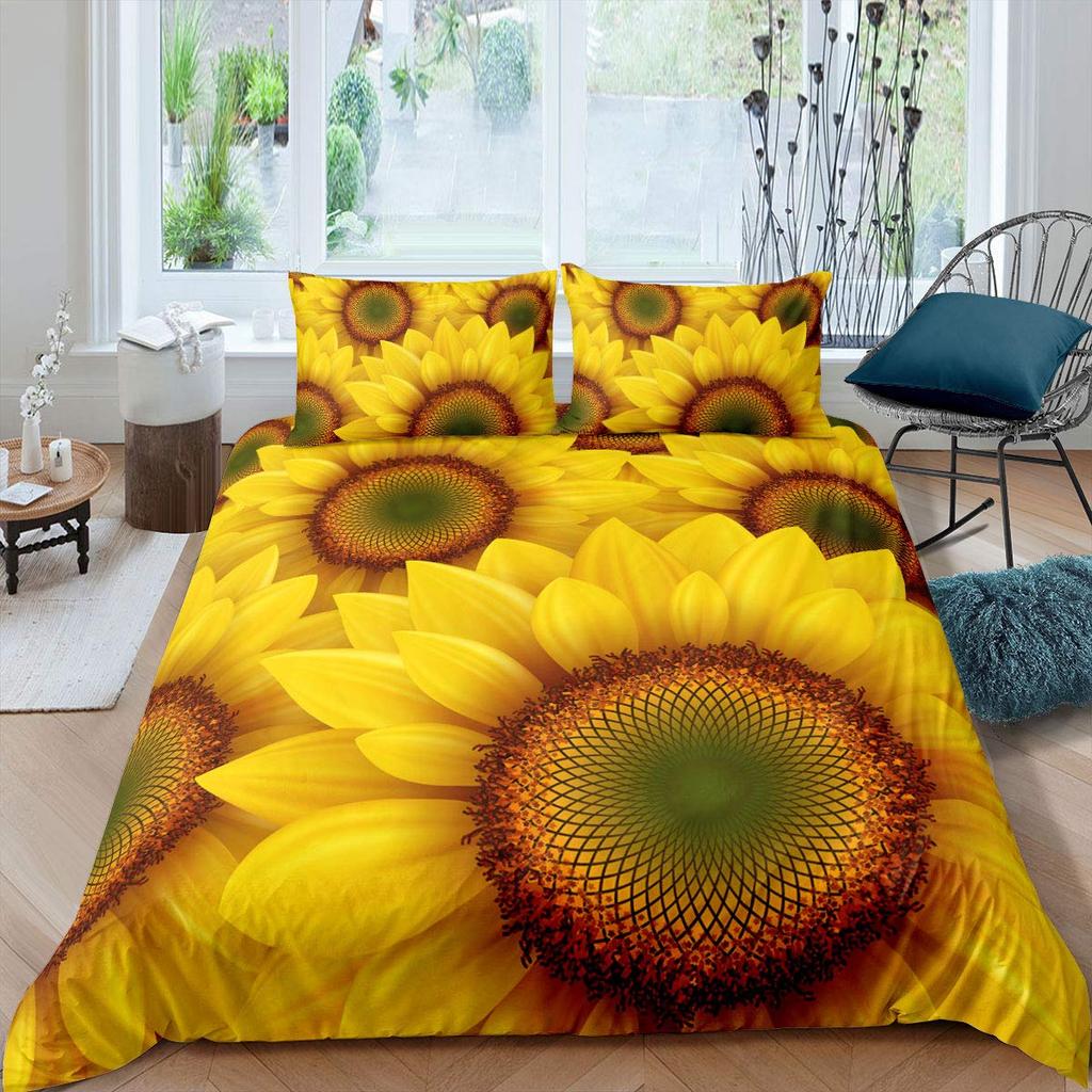 Vintage Sonnenblumen Bettbezug Set Buchstaben Bettwäsche Set Buchstaben und Sonnenblumen Gedruckt Retro Mädchen Queen Size 2/3tlg. Bettdeckenbezug