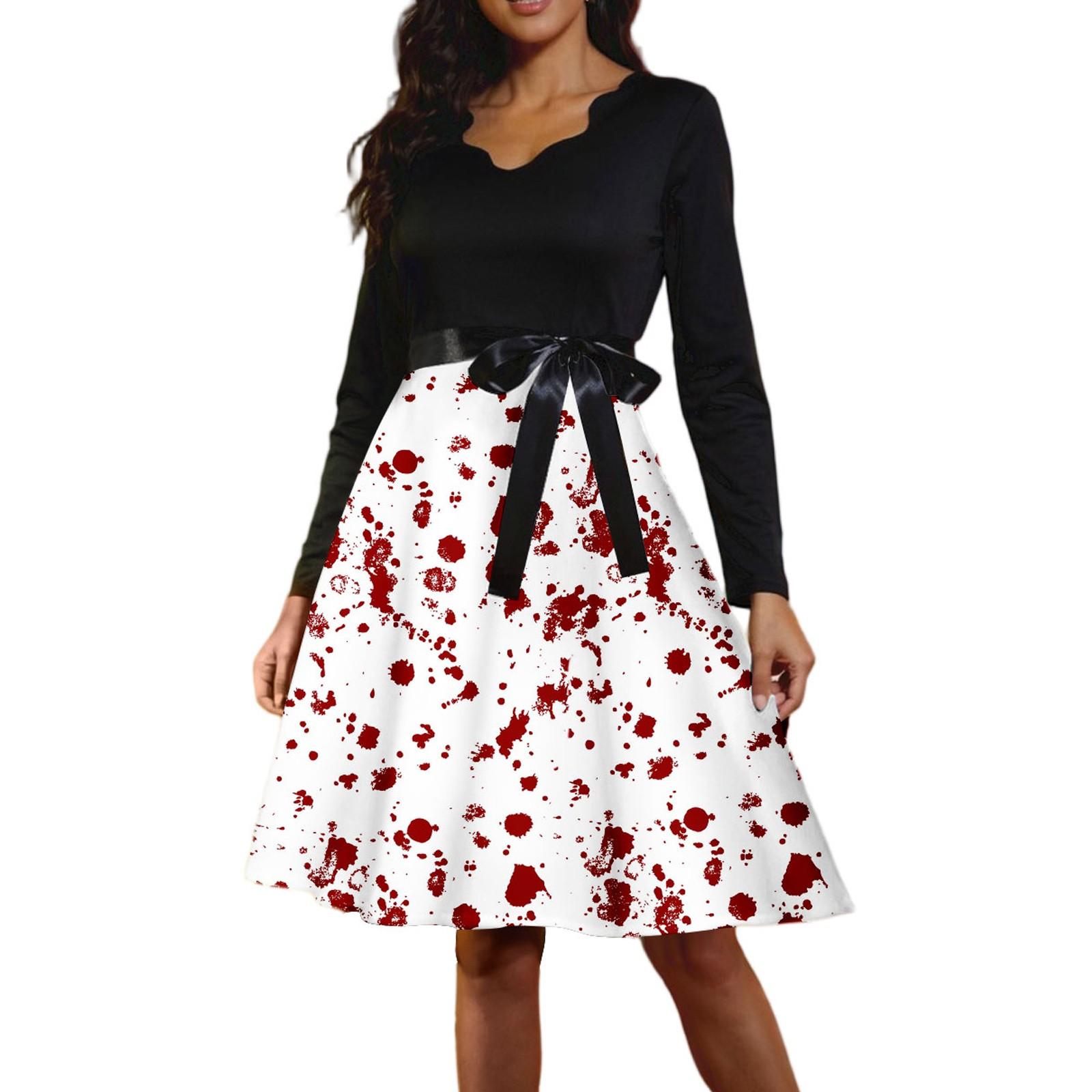 

Жіночі повсякденні модні старовинні довгі сукні з довгими рукавами на Хелловін із графічним принтом S білий