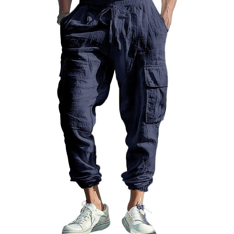 Mens Multi Pocket Cargo Jogger Pants Drawstring Waist Casual Trousers