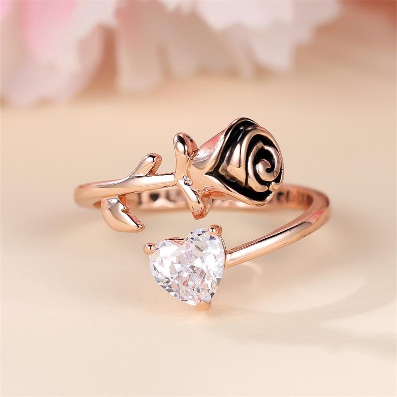 Fashion Female Rose Golden Color Rose Flower Adjustable Ring Luxury Heart Cut White Stone I Love You Forever Wedding Bands Ring Jewelry