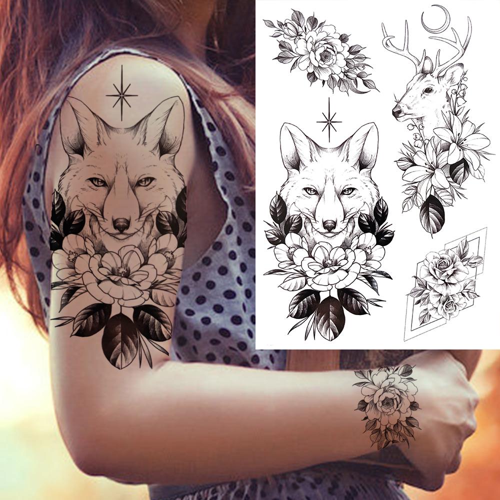 Owl Bird Temporary Tattoos For Women Fake Peony Flower Tattoo Sticker Black Body Art Drawing Tatto Diamond Crystal Jewelry Tatoo