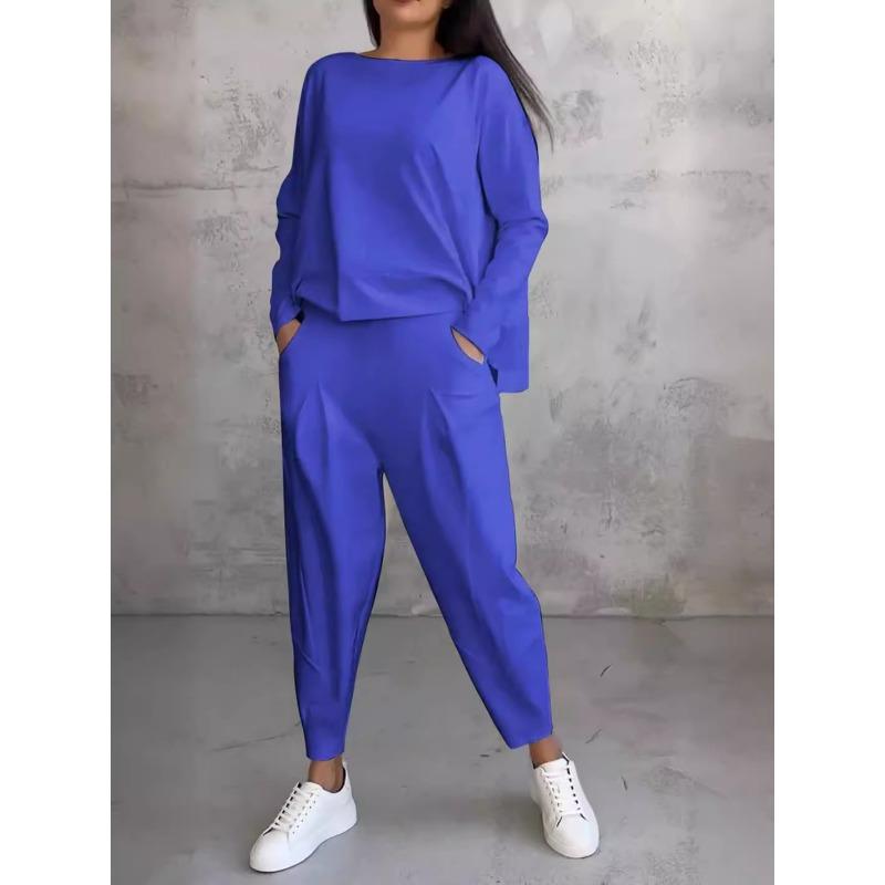 

JKASHDK Жіночий Модний Повсякденний Весняно-Осінній Однотонний Принт Довгий Рукав Круглий Виріз Штани Комплекти XXXL синій