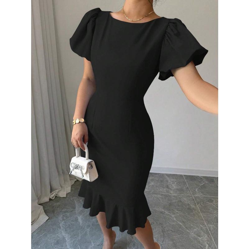 GMXIA Abiti casual da donna alla moda, con scollo rotondo, maniche corte, per estate e primavera, tinta unita, stampati