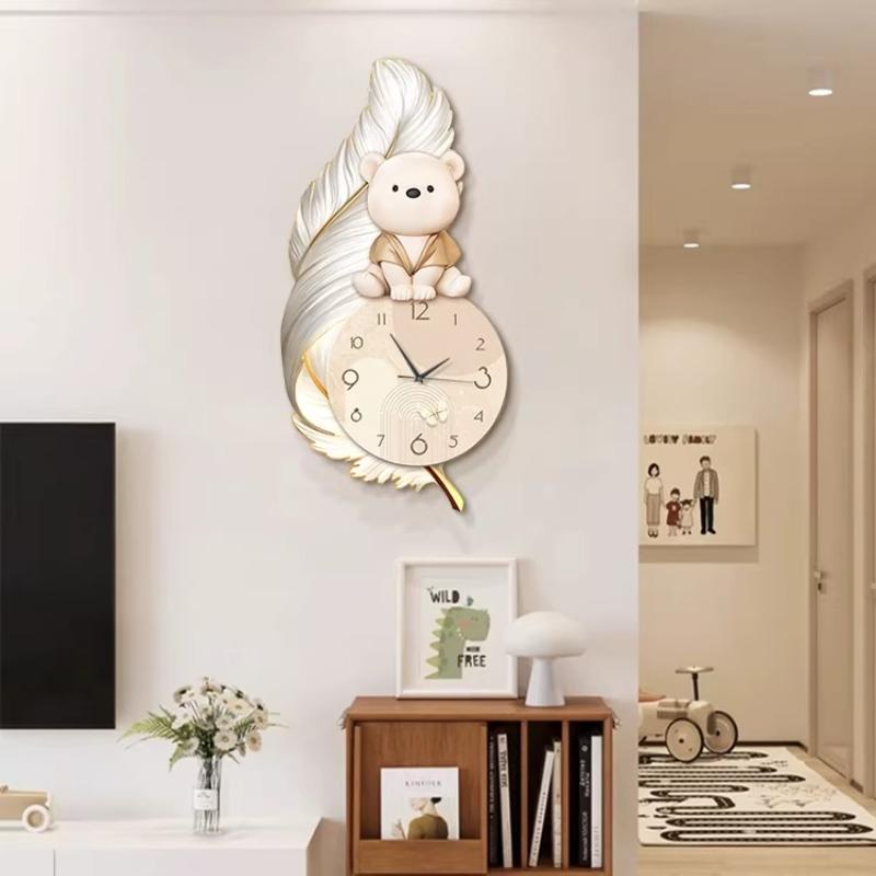 Luxury Living Room Wall Clock Modern Design Cartoon Bear Restaurant Children Room LED Mute Clock Corridor Mural Lamp Room Decor