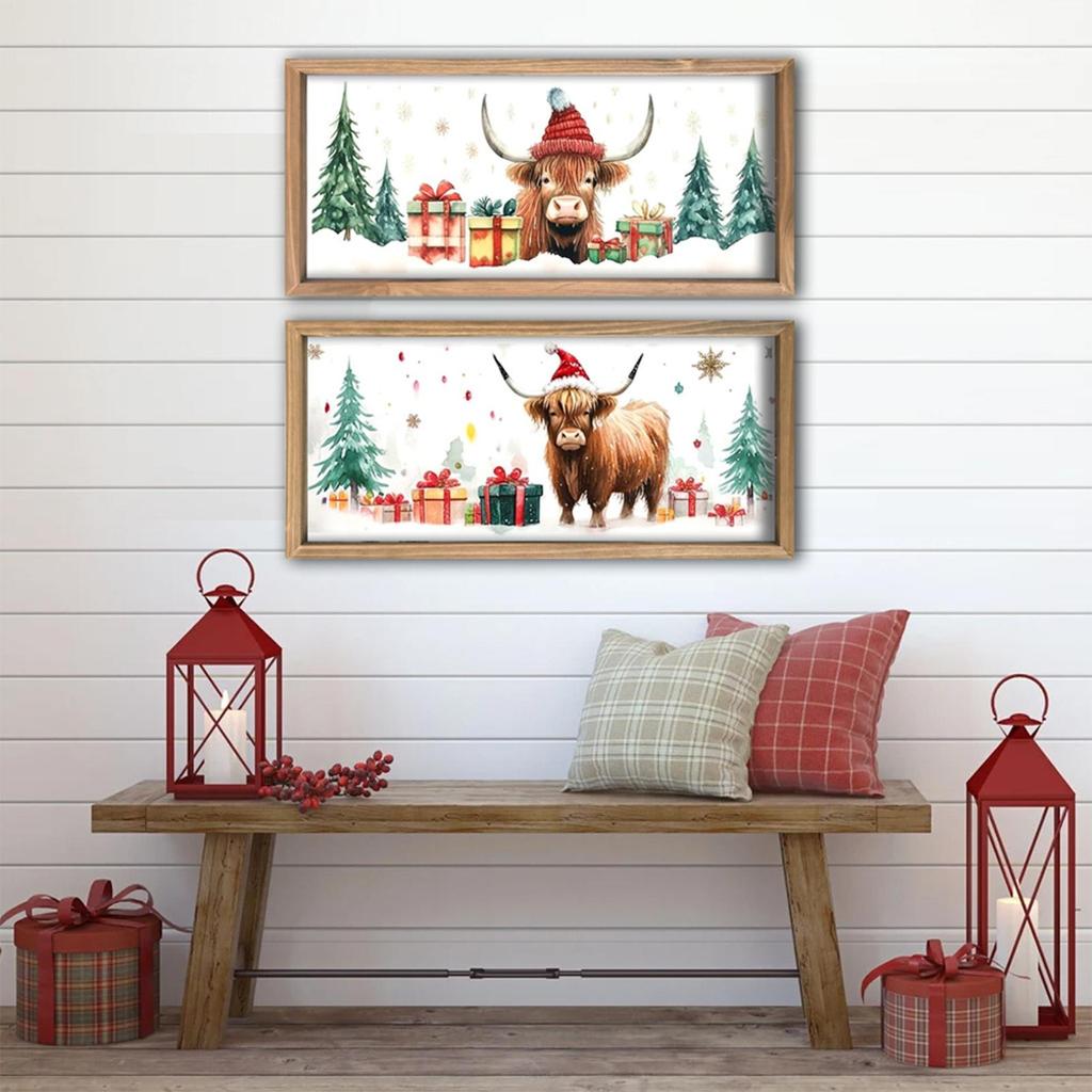 2PCS Christmas Highland Cow Picture Farmhouse Wall Decoration Rustic Wood Print Cow Art Wall Decor Christmas Decoration