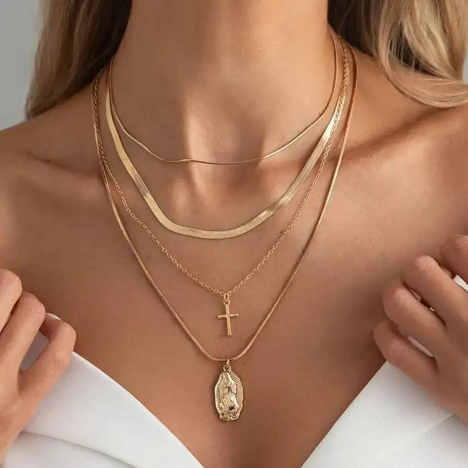 IngeSight.Z 4 Pcs/Set Simple Trend Gold Color Cross Pendant Necklace Creative Adjustable Metal Choker Chain Charm Jewelry Lady