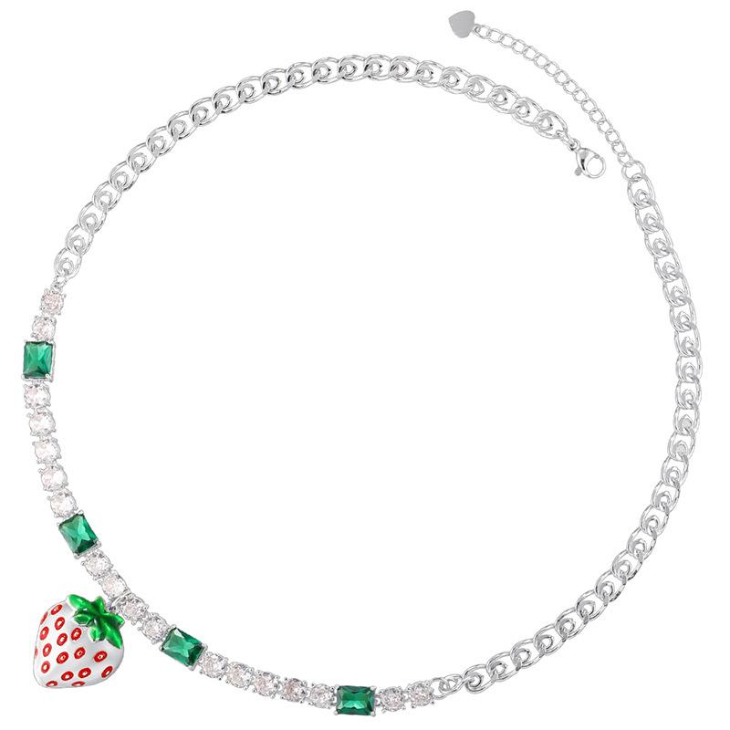 Exquisite Sweet Copper Diamond Strawberry Bracelet Necklace Premium Fruit Jewelry Set Vl633-634