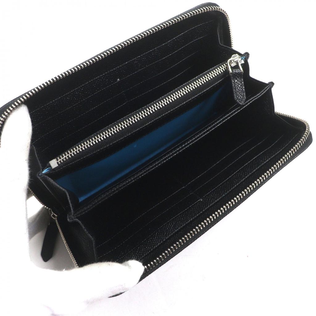 Great BVLGARI Purse Logo Metal Round Zip Long Wallet black leather mens Used