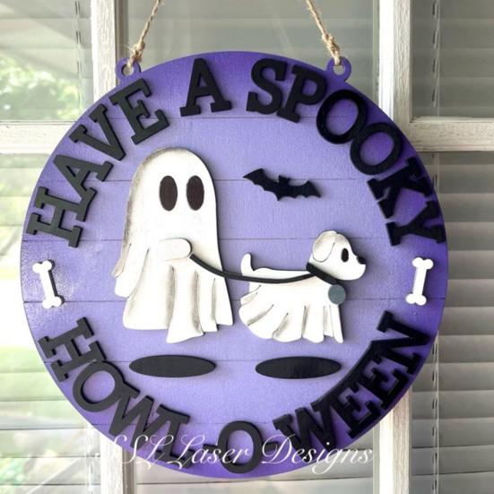 Halloween Ghost Walking Dog Door Sign Wooden Ghost Dog Hanging Doorplate for Front Porch Wall Indoor Outdoor Decor