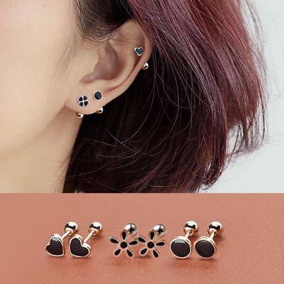Silver Black Heart Star Round Small Stud Earrings For Women Ear Studs Jewelry