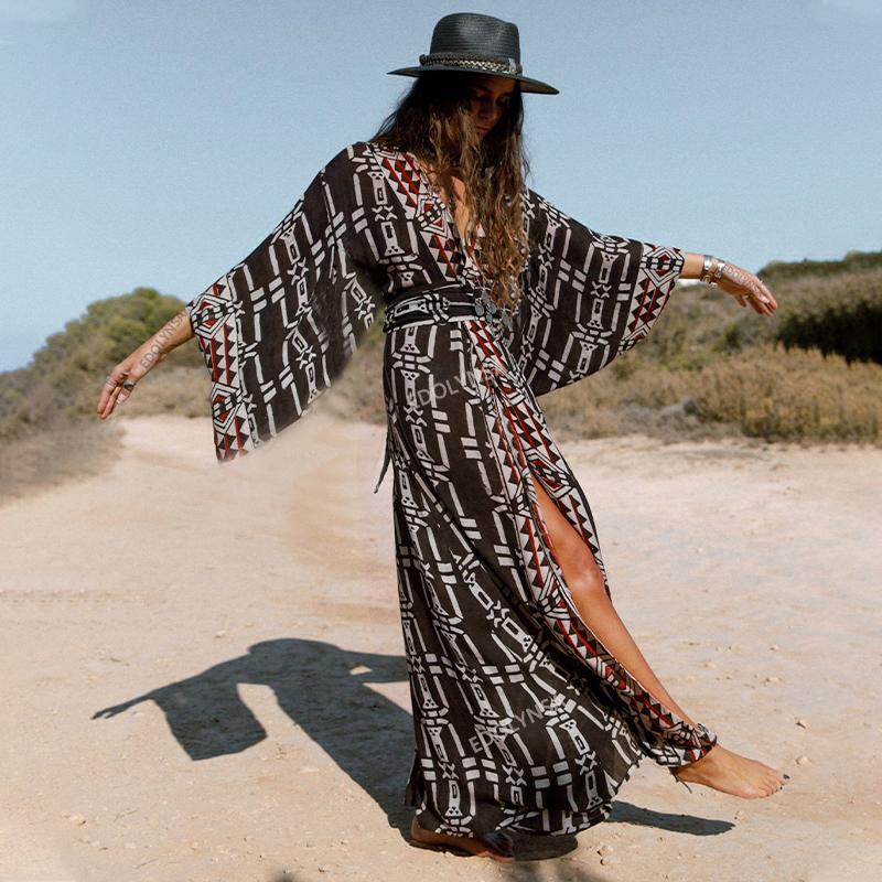 Kaftan Lungo Bohemien Donna - Abito Spiaggia Estate In Cotone Leggero - Foto 7