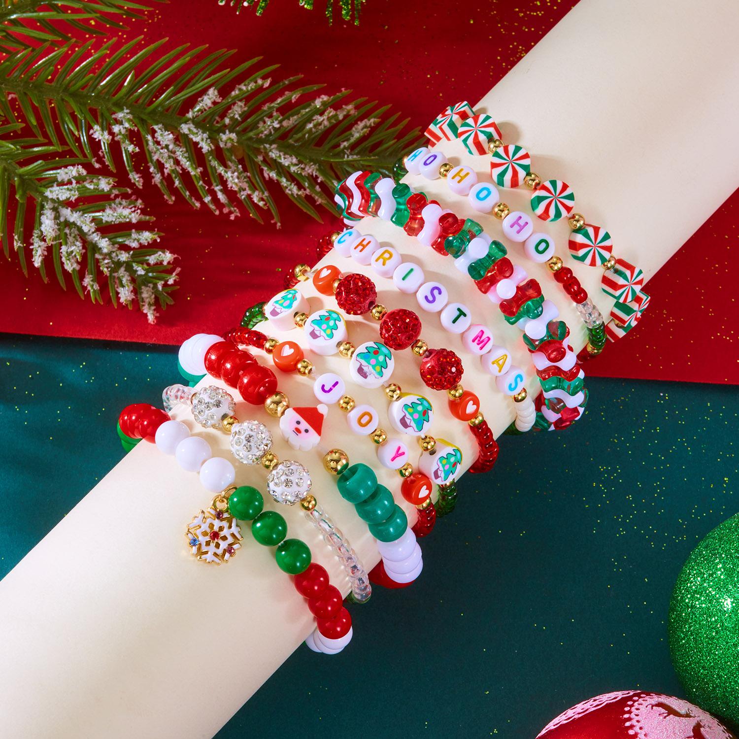 

10 Pcs Christmas Crystal Beaded Stackable Bracelet For Women Santa Claus Xmas Tree Snowflake Letter Beads Bangle Party Zircon