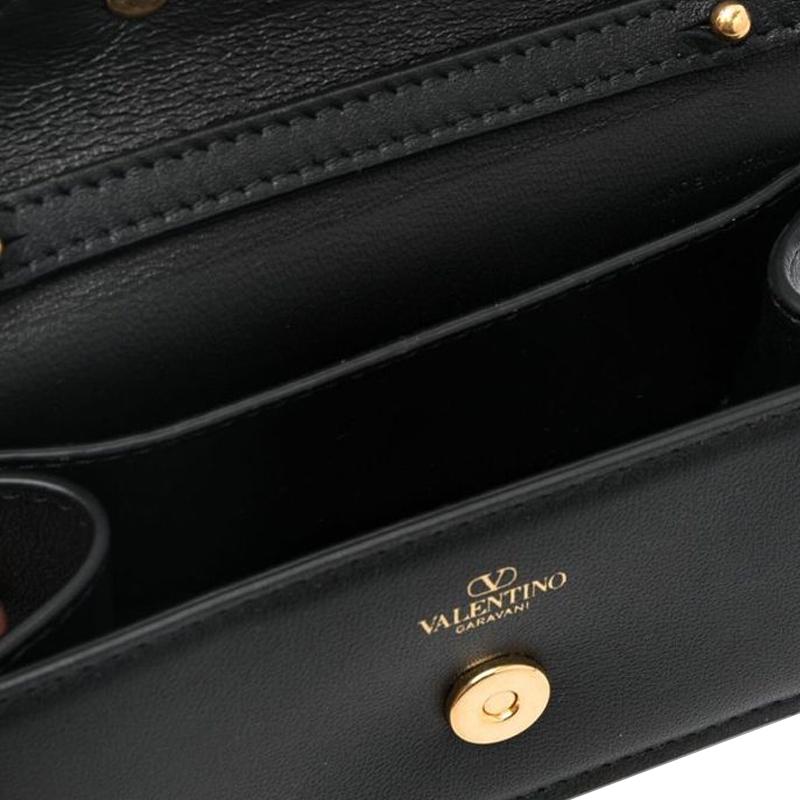 Valentino Locò Gold V Logo Corrente Deslizante Removível Bolsa Baguete em Pele de Bezerro Bolsa Transversal de Ombro Mini Bolsas Femininas Preto W2P0Z28ZXL0NO