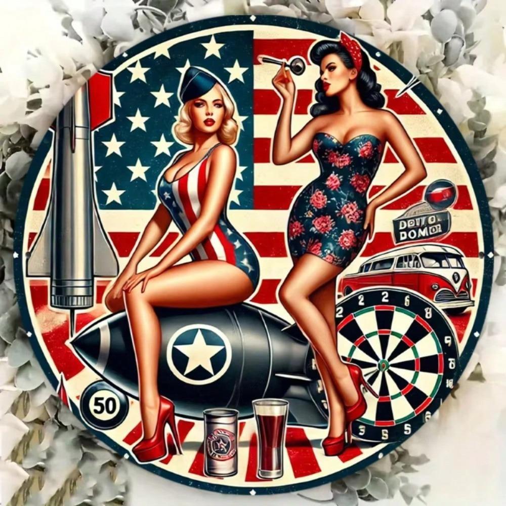 Vintage Round Metal Sign Girl Rocket Wall Decor Patriotic Pin Up Poster