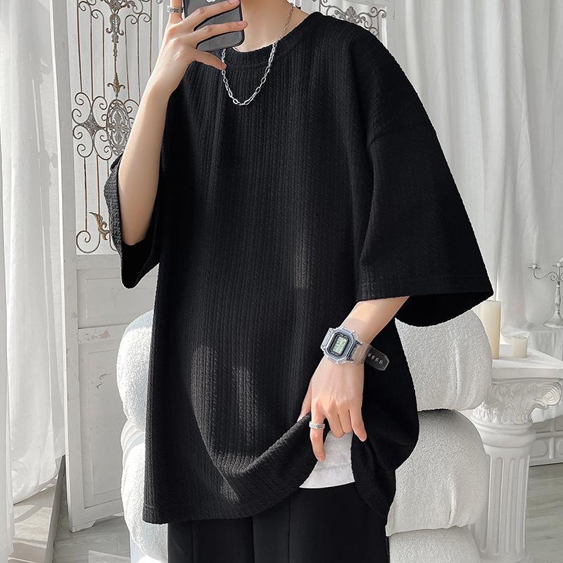 Heavyweight Men's Short-Sleeve T-shirt, Japanese Trendy Loose Fit, Casual Pure Color Three-Quarter Sleeve Tee